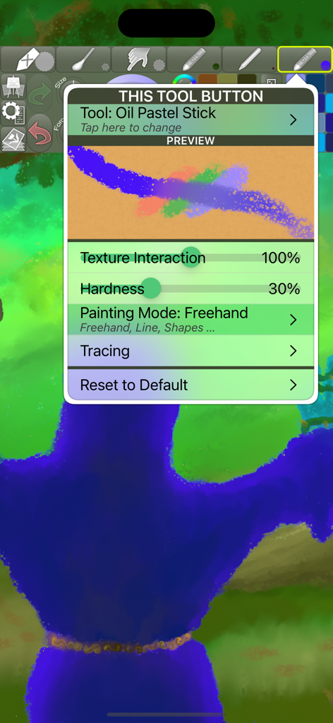 iPastels - Menu delle impostazioni dello strumento bastoncino a olio nell'app iPastels che mostra regolazioni di texture e durezza.