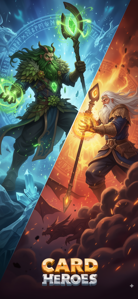 Card Heroes: CCG Magic Arena - Dos poderosos magos de fantasía con bastones mágicos brillantes en Card Heroes CCG Magic Arena