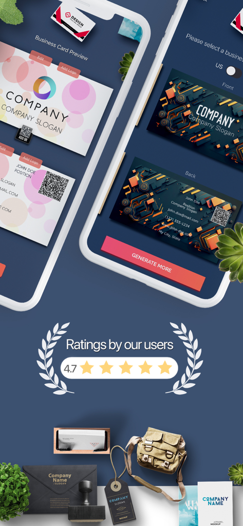 AI Business Card Maker QR - QRコードとユーザー評価が表示されたプロフェッショナルな名刺テンプレートを示すAI名刺メーカーアプリ