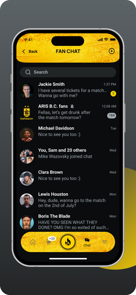 ARIS BC - The fan chat interface of the ARIS BC mobile app showing several user conversations and community messages