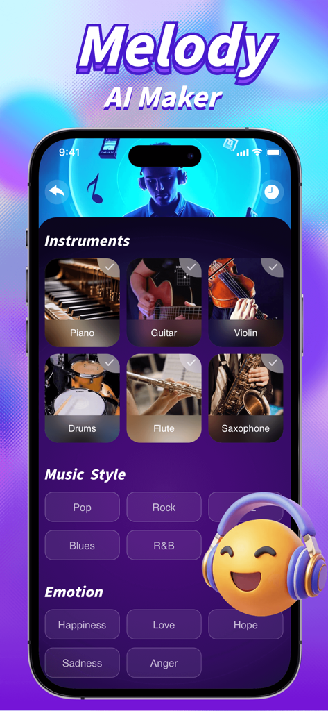 Luvia app Melody AI Maker interface for selecting instruments music styles and emotions