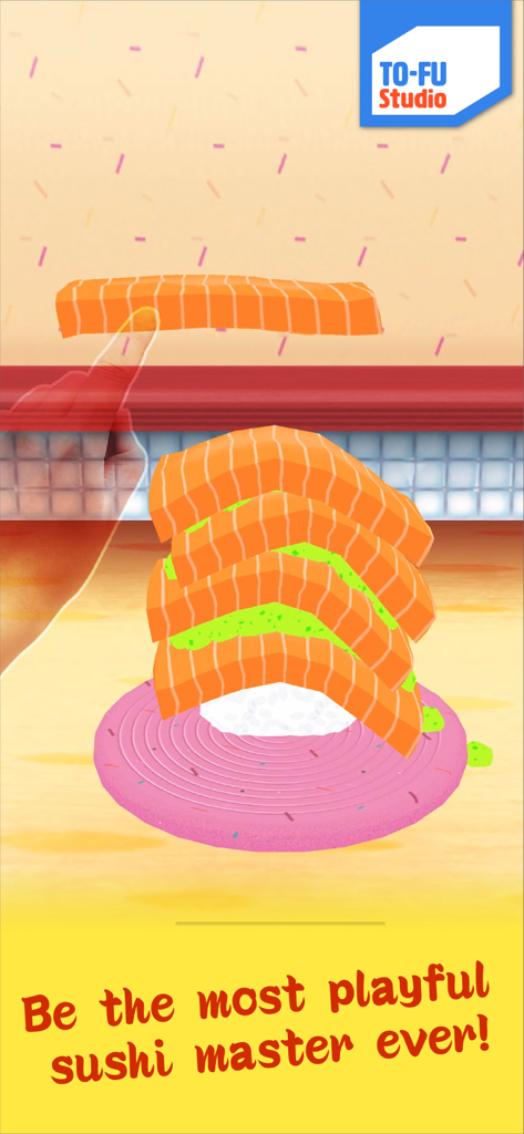 TO-FU Oh!SUSHI 2 - A hand stacking multiple layers of salmon on a piece of sushi rice in the TO-FU Oh!SUSHI 2 mobile game.