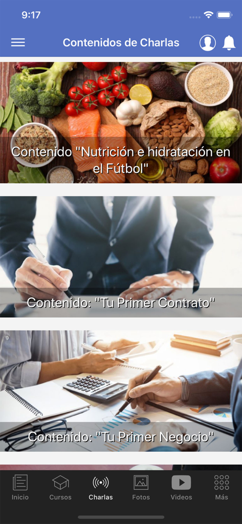 Fundación El Futbolista - Tela do aplicativo Fundacion El Futbolista mostrando palestras educacionais sobre nutrição no futebol e gerenciamento de carreira