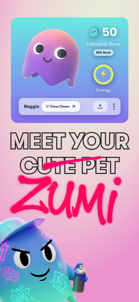 Character profile card for an AI Zumi companion named Reggie in the Zumichat app