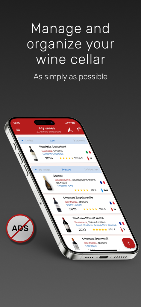 My wines cellar - Mobile app interface showing organized wine collection by country with an ad-free badge