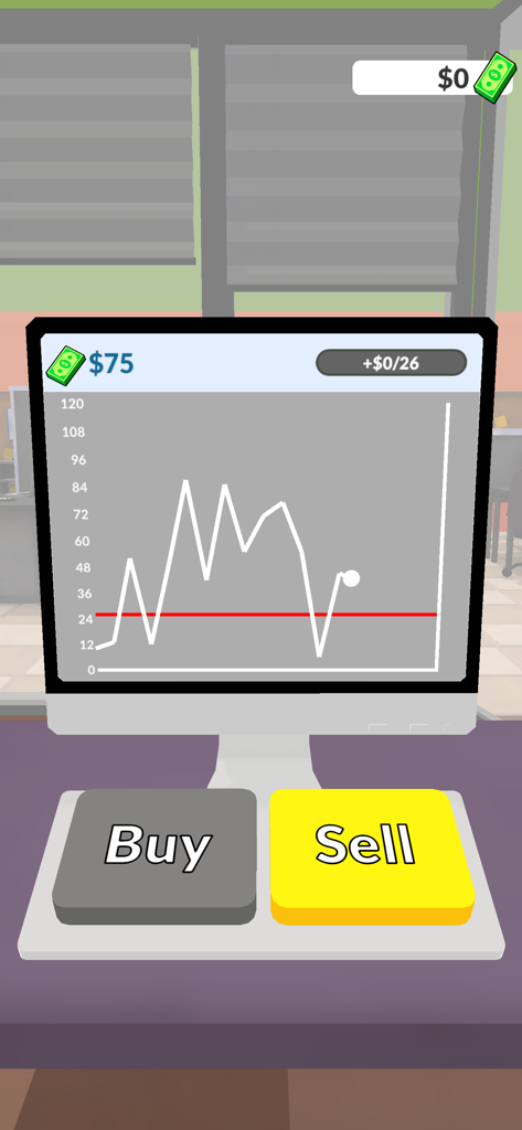 Get Rich 3Dの株取引シミュレーション画面。価格グラフと売買ボタンが表示されています。