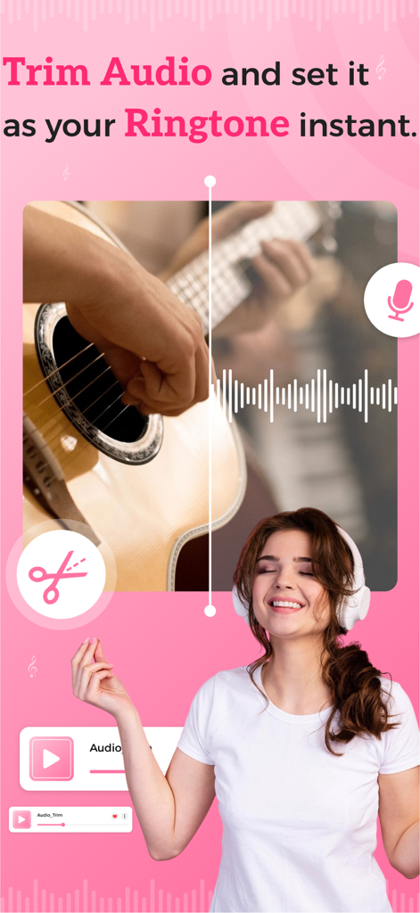 Ringtone Maker – Set & Export - A woman wearing headphones smiling while using the Ringtone Maker app to trim audio and set a custom ringtone.