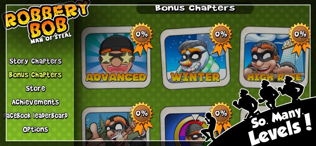 Robbery Bob menu showing various themed bonus chapters and level selection.