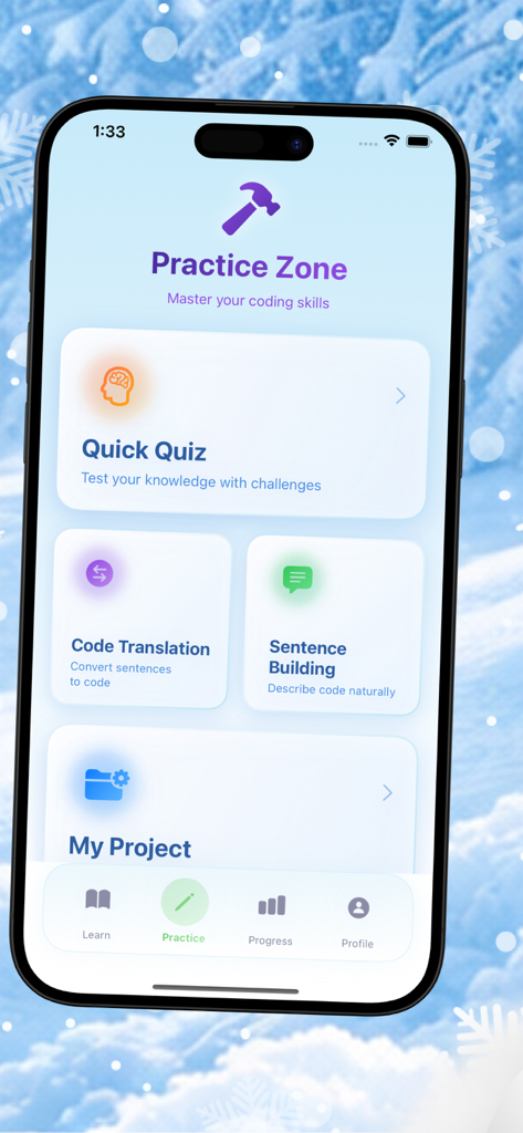 Ice Stack - Pantalla de la Zona de Práctica de la aplicación Ice Stack con cuestionarios rápidos y ejercicios de traducción de código sobre un fondo temático de invierno.