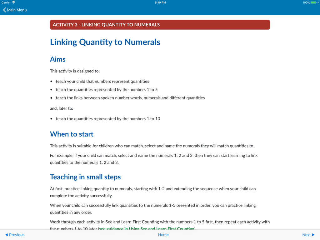 See and Learn First Counting - シーアンドラーン・ファースト・カウンティングアプリの「アクティビティ3：数量と数字の関連付け」の指導画面