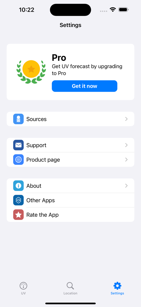 UV Index - Sun rays - Settings screen of the UV Index Sun rays app displaying options for Pro upgrade support and app information