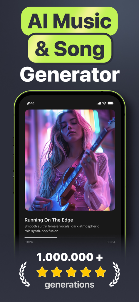 Muzio AI Song&Music Generator - Muzio AI Song and Music Generator app interface showing a music player and a one million generations milestone