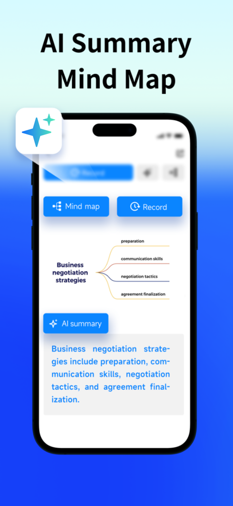 PolyPal - AI Live Translator - Tela do aplicativo PolyPal mostrando um mapa mental e resumo gerados por IA para estratégias de negociação empresarial