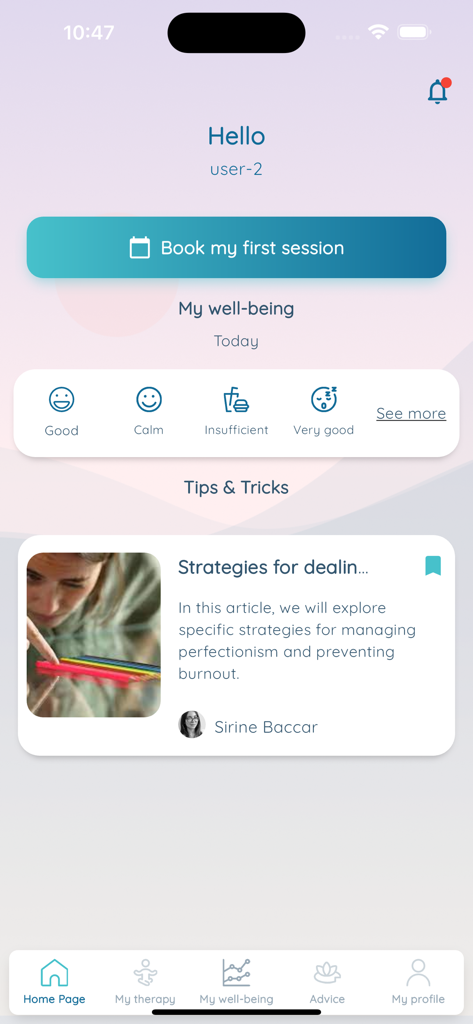 Ahkili أحكيلي - Ahkili tele-therapy app home screen with options to book a session and track well-being
