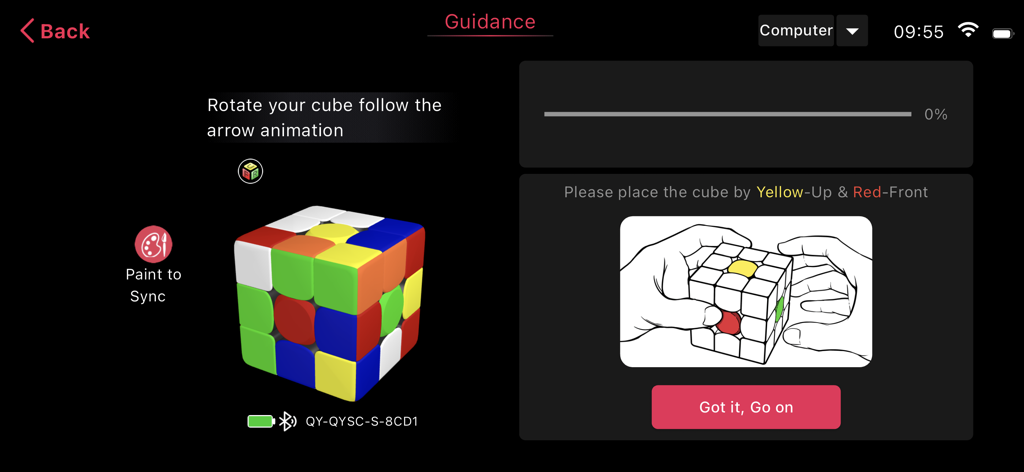 Smart Player Pro - Tela de orientação no Smart Player Pro mostrando instruções para sincronizar um cubo mágico físico com seu gêmeo digital