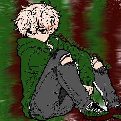 a male hoddie ripped jeans messy hair anime