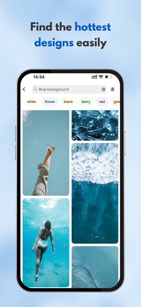 Una pantalla de smartphone que muestra los resultados de búsqueda de la aplicación iScreen para fondos de pantalla azules con varios diseños estéticos