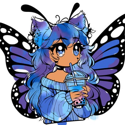 a realistic butterfly/furry girl drinking boba