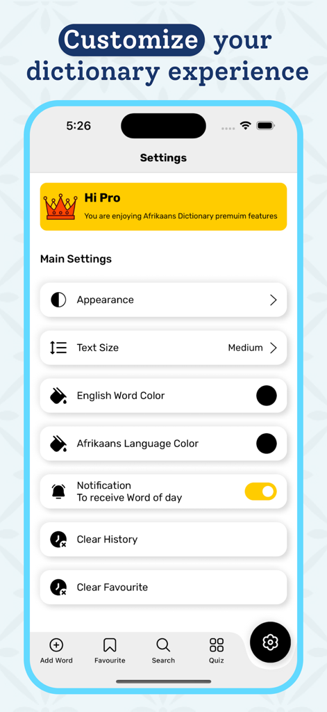 Afrikaans Dictionary - Offline - A tela de configurações do aplicativo Dicionário Suaíli mostrando opções para aparência, tamanho do texto e cores do idioma