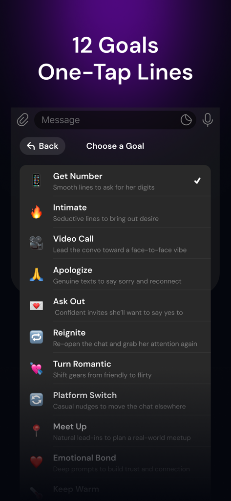 Flirtonic: AI Dating Assistant - Flirtonic app interface showing a list of conversation goals like Get Number, Ask Out, and Reignite for AI-generated dating lines.