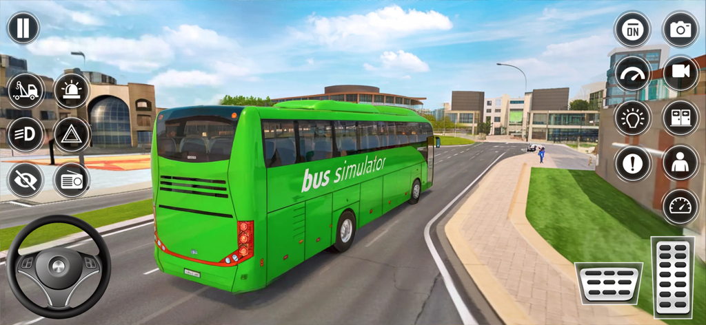 US Bus Simulator Coach Games - Un autocar verde conduciendo por una calle de la ciudad en la pantalla de juego del juego móvil US Bus Simulator.