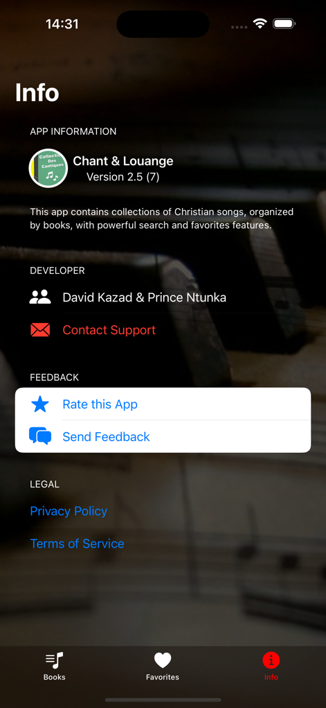 Songs of praise - Tela de informações do aplicativo Songs of Praise exibindo detalhes da versão e informações de contato do desenvolvedor.