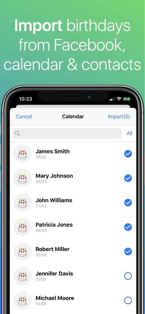 Interface for importing birthdays from contacts and calendar