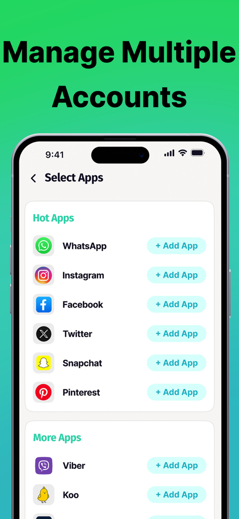 Clone Apps - Parallel Space - iPhone에서 여러 계정 관리를 위해 복제할 소셜 미디어 앱 목록을 보여주는 Clone Apps - Parallel Space 인터페이스