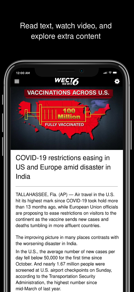 WECT 6 Where News Comes First - A smartphone displaying the WECT 6 News app with a news article about global health updates
