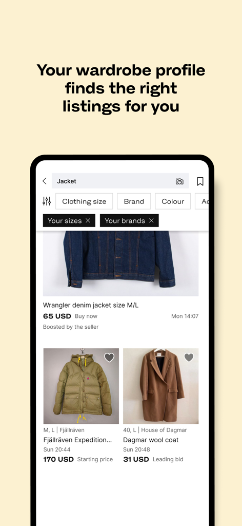 Tradera app interface showing personalized jacket listings based on user wardrobe preferences and filters