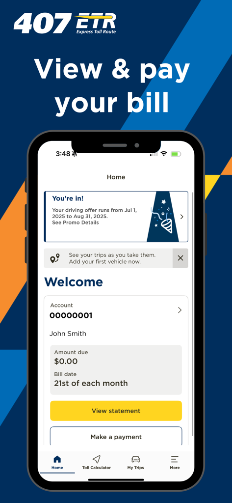 407 ETR - 407 ETR app home dashboard showing account balance and bill payment options.