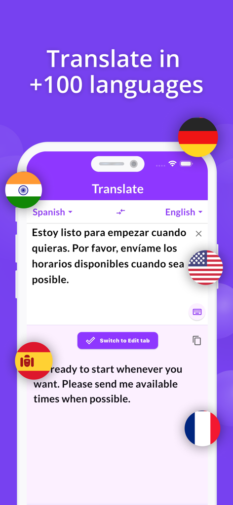 Proofreader: AI Grammar Check - Proofreader app interface showing Spanish to English translation with various country flags