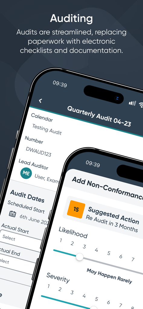 Mobile screens showing audit details and non-conformance reporting tools