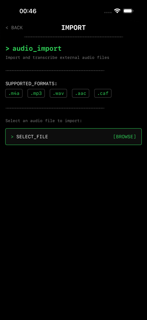 Meeting Mind: AI Voice Notes - Meeting Mind app interface for importing and transcribing external audio files including MP3 and WAV formats