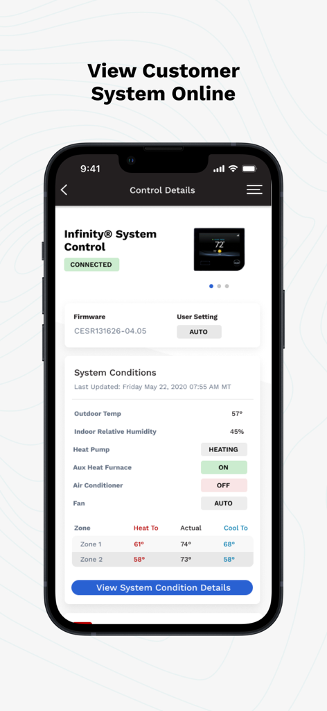 Carrier® Service Technician - Carrier Service Technician app interface showing Infinity System Control details and real-time HVAC system conditions.