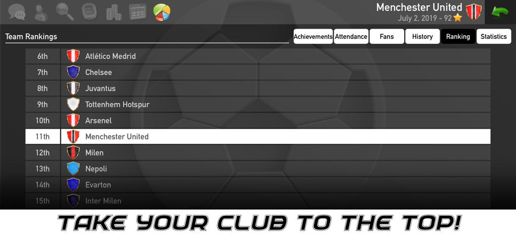 Football Owner 2 team rankings screen showing a list of soccer clubs and their leaderboard positions