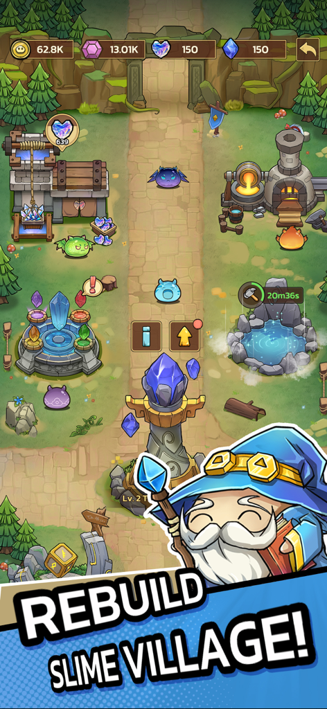 Slime Castle: Idle TD RTS Game - Top down view of the slime village with a wizard character and various resource buildings