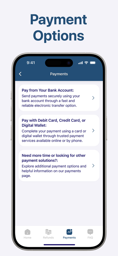 Una pantalla móvil que muestra varias opciones de pago de impuestos, como cuenta bancaria, tarjeta de débito y billetera digital.