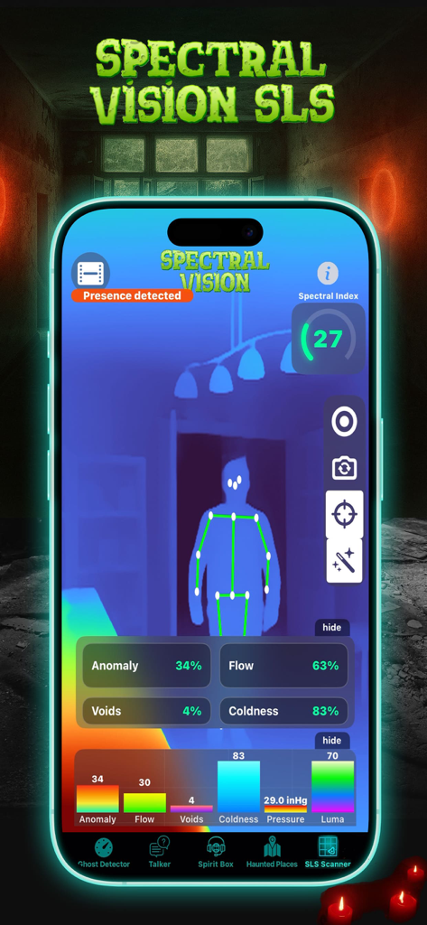 Spirit Contact Talker - Spirit Contact Talker app showing the Spectral Vision SLS scanner feature detecting a humanoid figure with LiDAR technology.