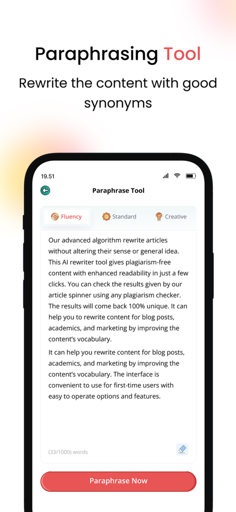 Article Rewriter - Una schermata dell'app mobile intitolata Strumento di Parafrasi che mostra le modalità fluidità, standard e creativa per riscrivere contenuti con un pulsante Parafrasa Ora