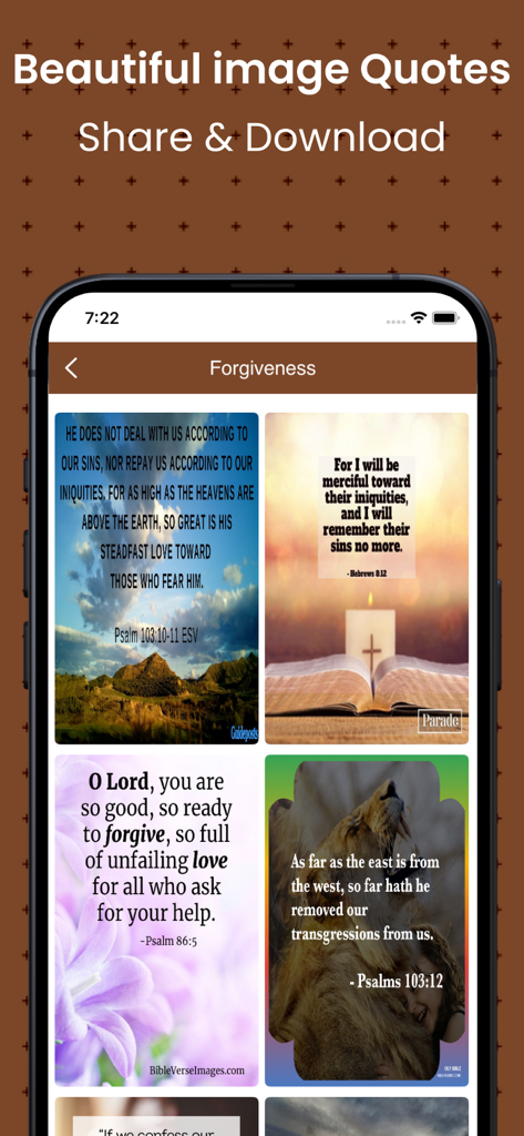 A screen from the Simple English Bible app featuring inspirational Bible verse image quotes about forgiveness for sharing and downloading.