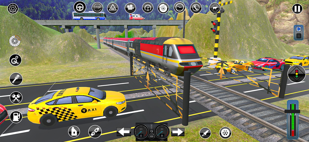 Rails Express Train Simulator - A futuristic train crossing a road with waiting cars in a 3D simulation game