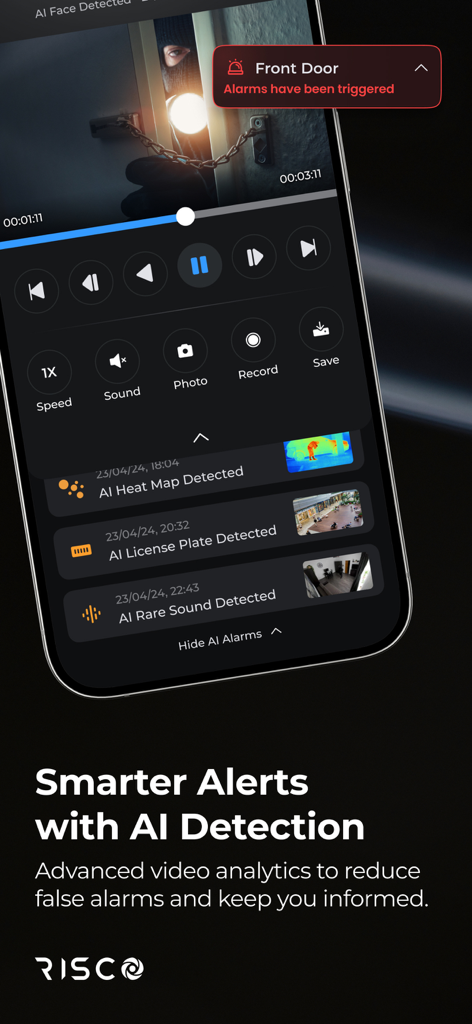 Interfaz de la app iRISCO mostrando alertas más inteligentes con detección IA y videovigilancia