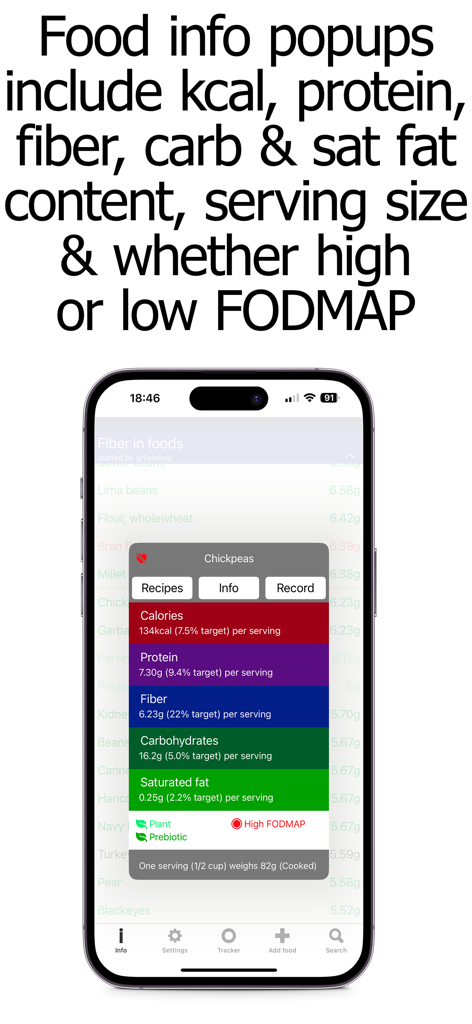 Macro Counter and Tracker - Ventana emergente detallada de nutrición de alimentos en la aplicación Macro Counter que muestra calorías, macronutrientes y estado FODMAP para garbanzos.