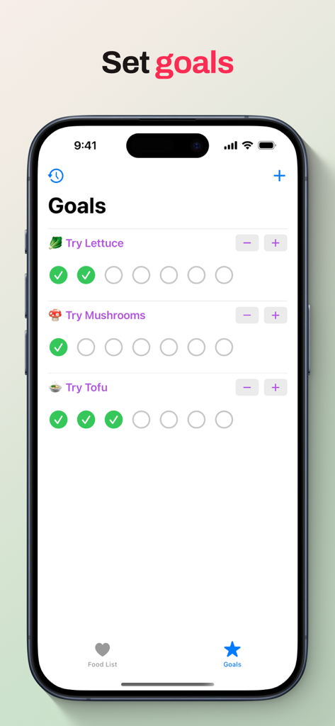 ARFID & Picky Eaters - Pitaya - Pitaya app interface showing the Goals screen for tracking food exposure progress with checkboxes for lettuce, mushrooms, and tofu.