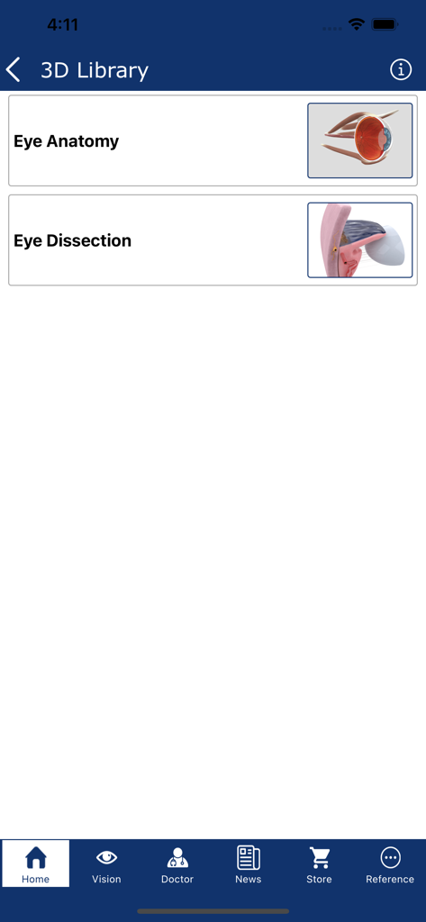 Eye Patient - Una pantalla de la aplicación Paciente Ocular que muestra una biblioteca 3D con opciones para modelos de anatomía y disección del ojo.