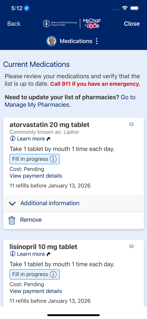 MSK MyChart - Current medications screen in the MSK MyChart app showing prescription names, dosages, and refill status.
