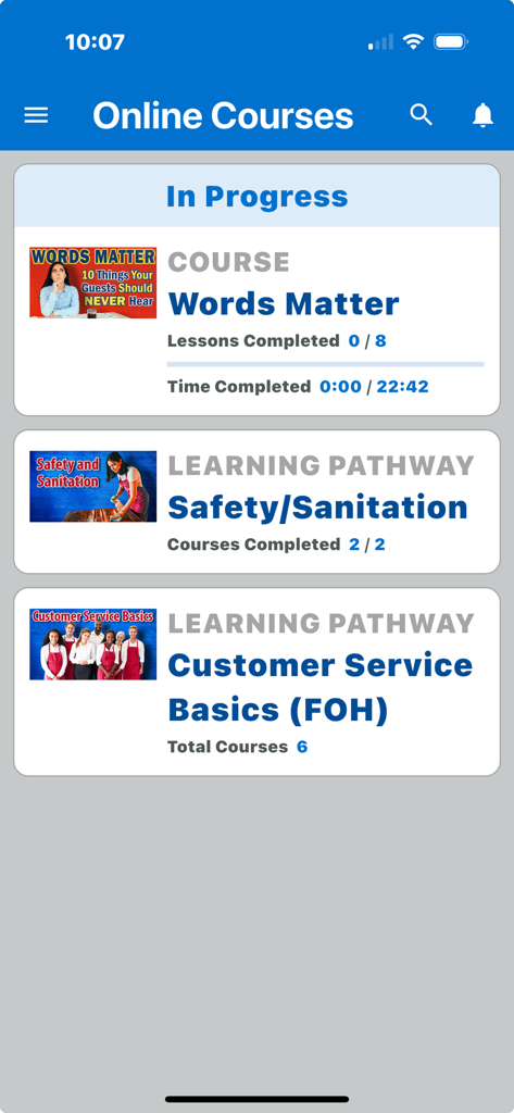 Mobile interface showing restaurant training courses and learning pathways in the RO Team App