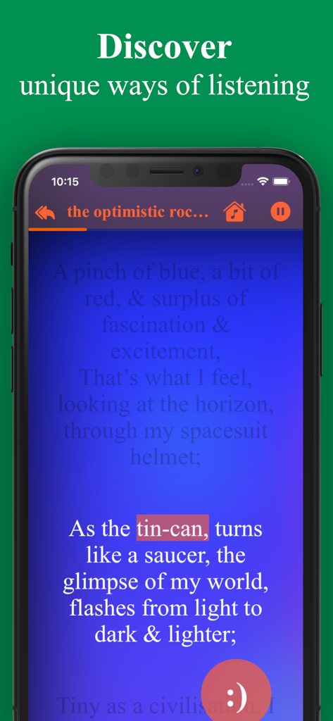 Poetik: On Poems and Poetry - Una interfaz móvil para la aplicación Poetik que muestra un poema con controles de audio y un icono de cara sonriente de análisis de sentimientos.