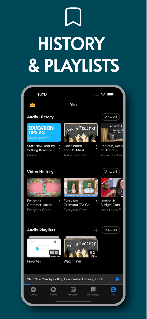 VOA Special English Listening - Interface showing audio and video history and playlists for VOA English lessons